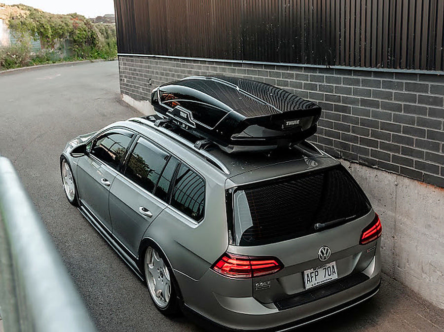 2019 Volkswagen Golf Alltrack bagged on ONAIR air suspension, full rear three-quarter view