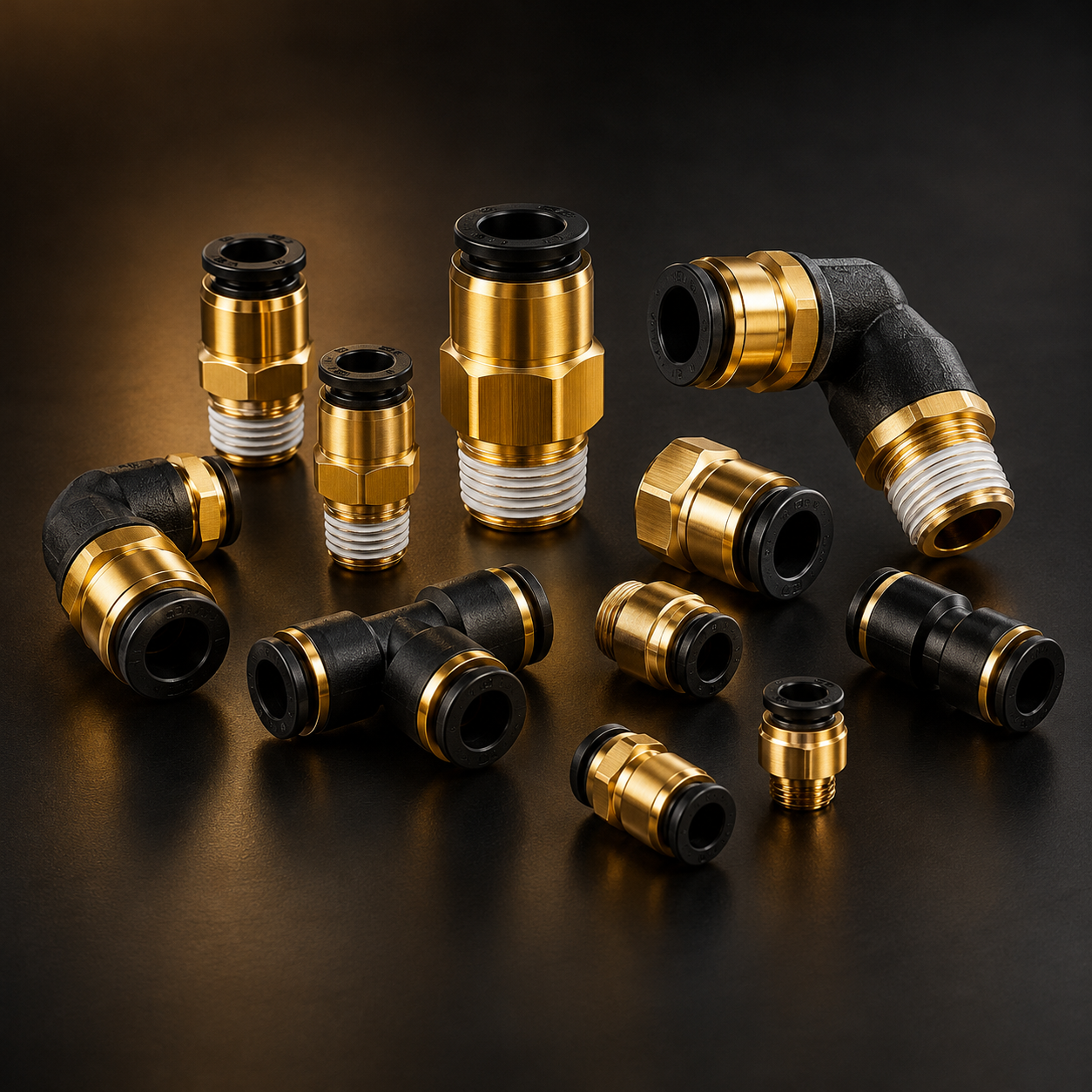 Image of Air ride brass and black push-to-connect fittings on a dark studio background