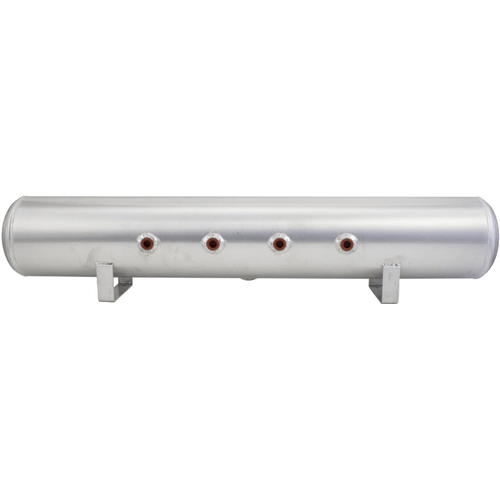 Collection of long wide raw aluminum air tank from air lift model number 11956 showing its 4 face ports and bottom drain port in a gallery layout