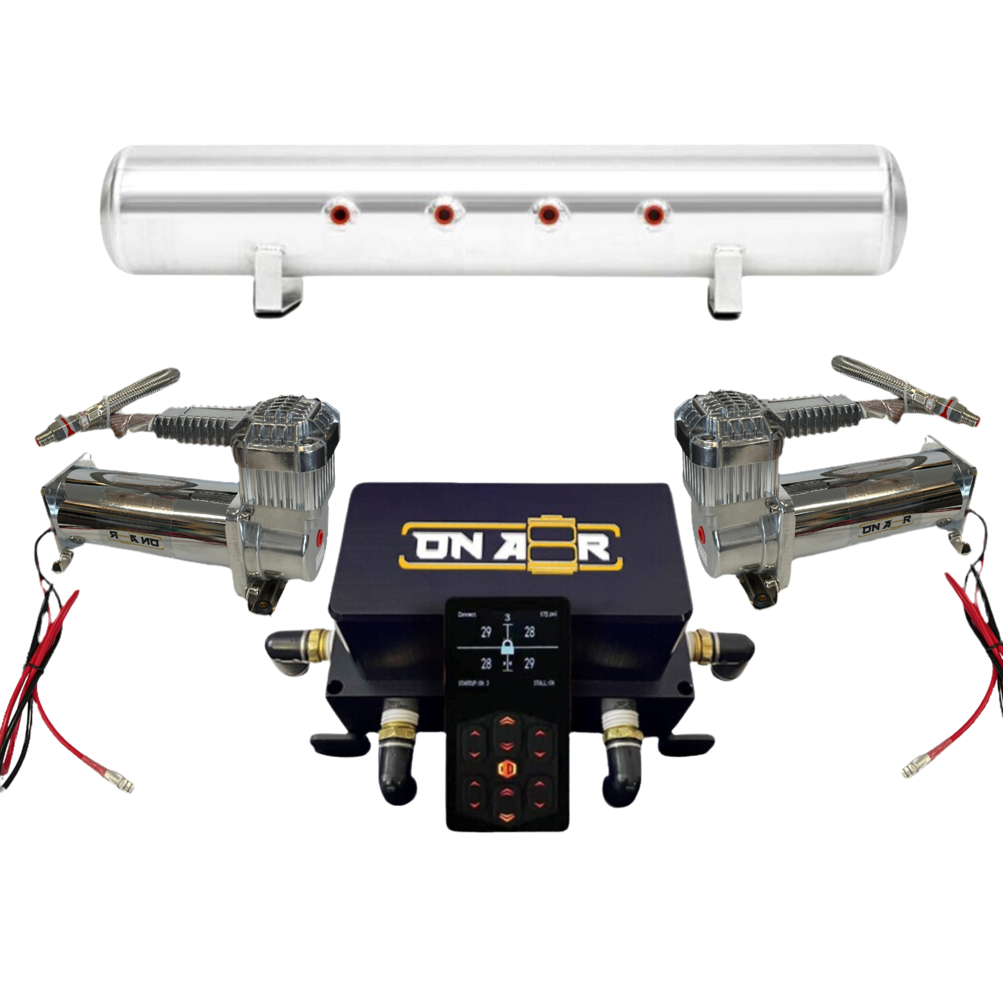 Collection of The show level air management kit includes: Onair tank and two onair 444cc compressors with the onair management system in a gallery layout