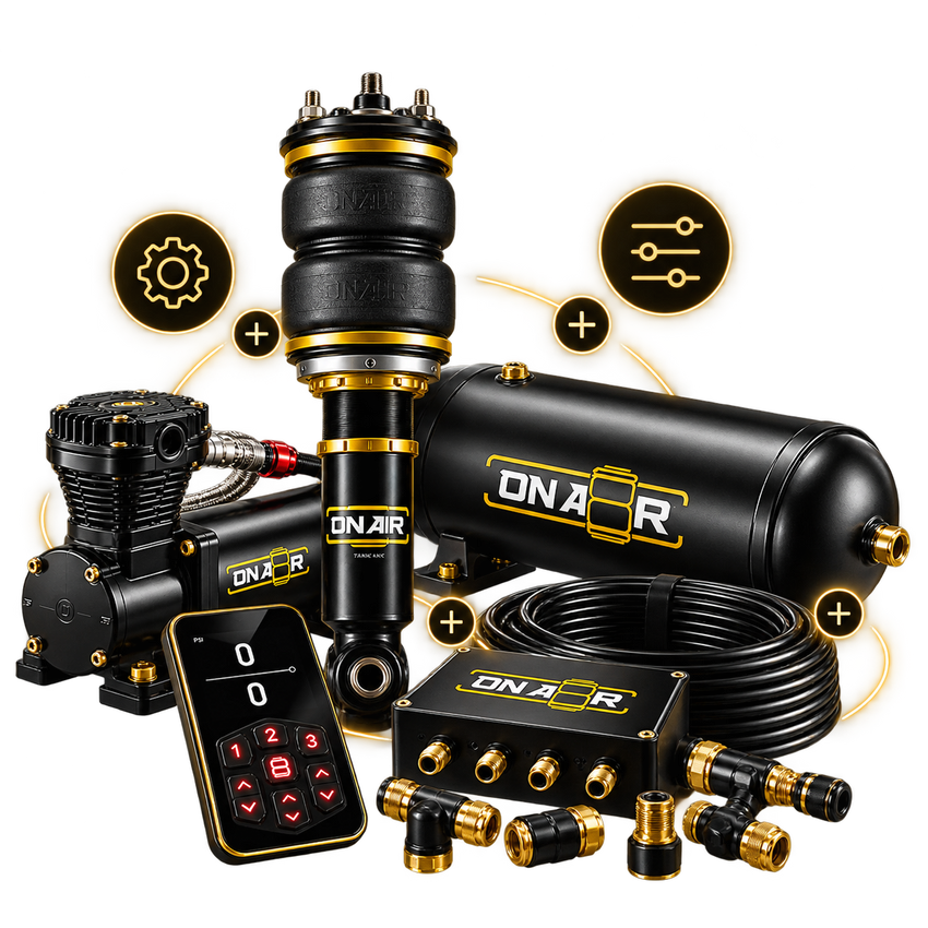 Illustration of choosing ONAIR air suspension components, management, compressor, tank, airline and fittings